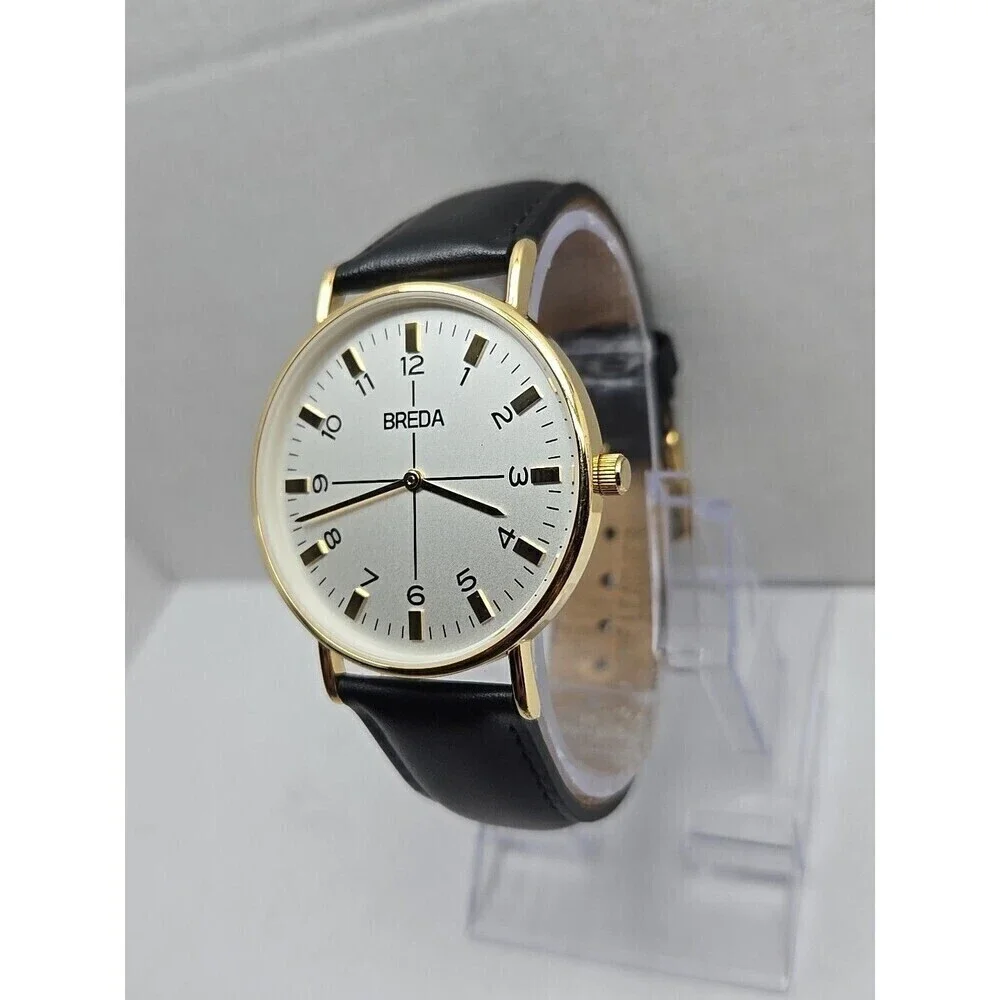 Breda Gold White Dial Quartz Unisex Watch Black Leather Strap New Battery Dallas